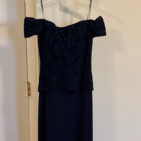 Cachet Dresses & Skirts - Off the shoulder Blue Lace gown with crepe skirt